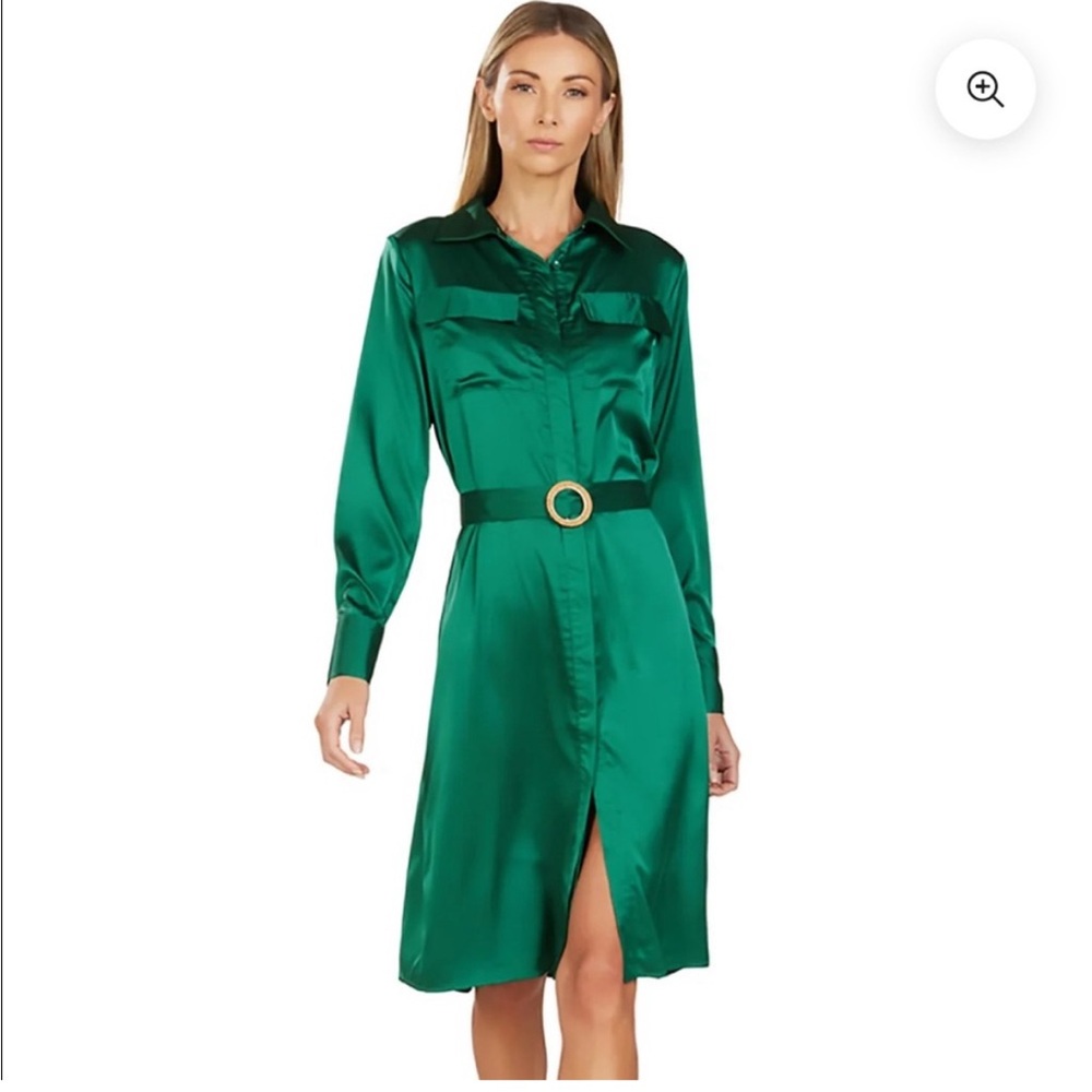 Trish Scully Emerald Green Satin Blakesley Button Down Belted Shirt Dress NWT 12
